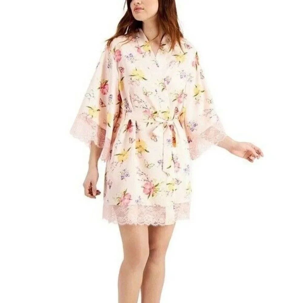 INC Pink Butterfly Floral Lace Trim Wrap Robe Medium NWT